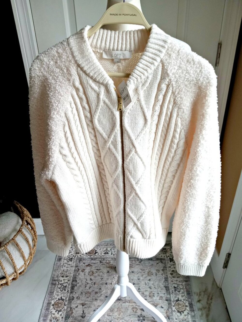 NEW! 98.00 SHERPA TEDDY SLEEVE CABLE KNIT ZIPPER SWEATER
